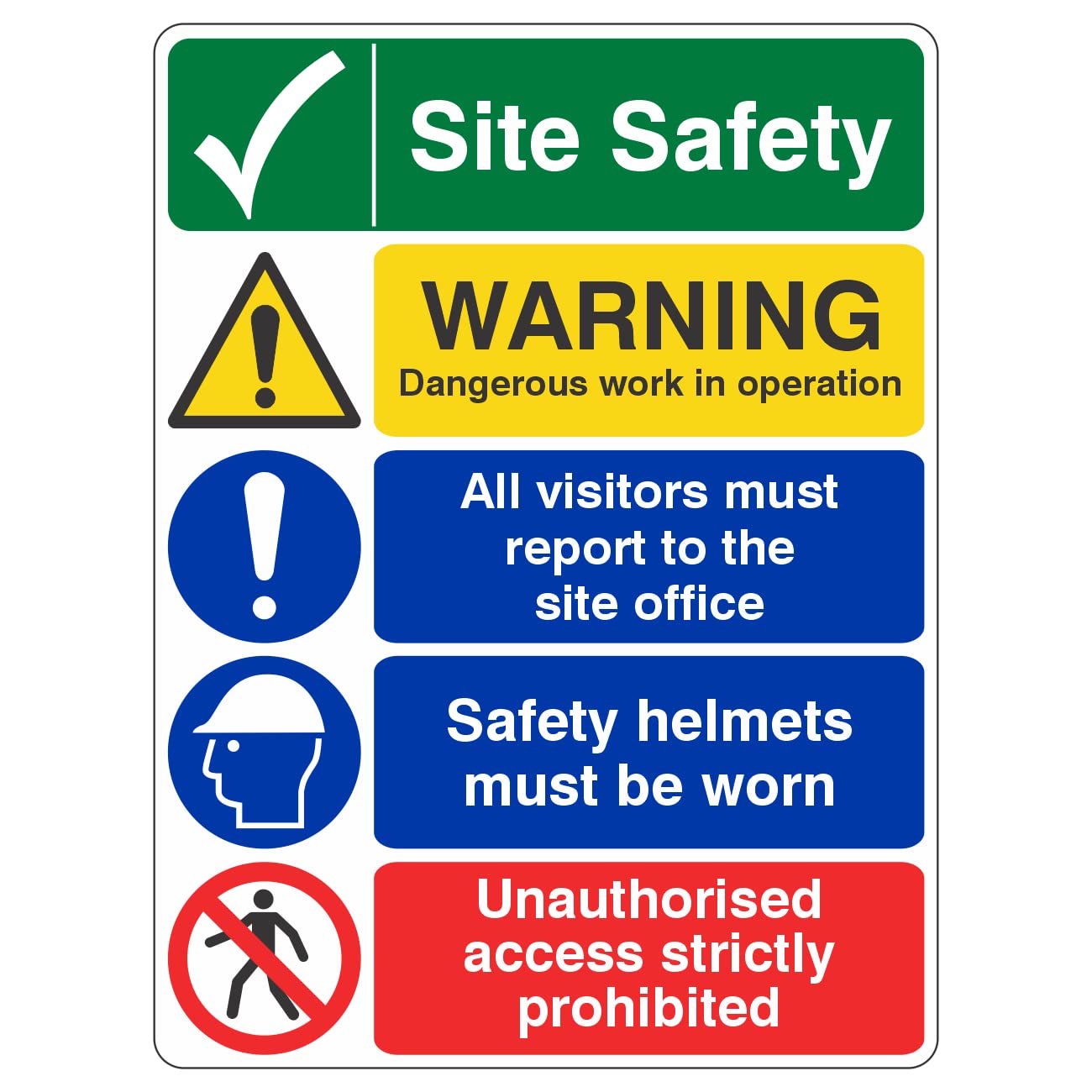Lasting Impressions (Signs) Limited 600Mmx800mm Multi Hazard Site Safety Warning Construction Site Safety Sign Rigid Plastic