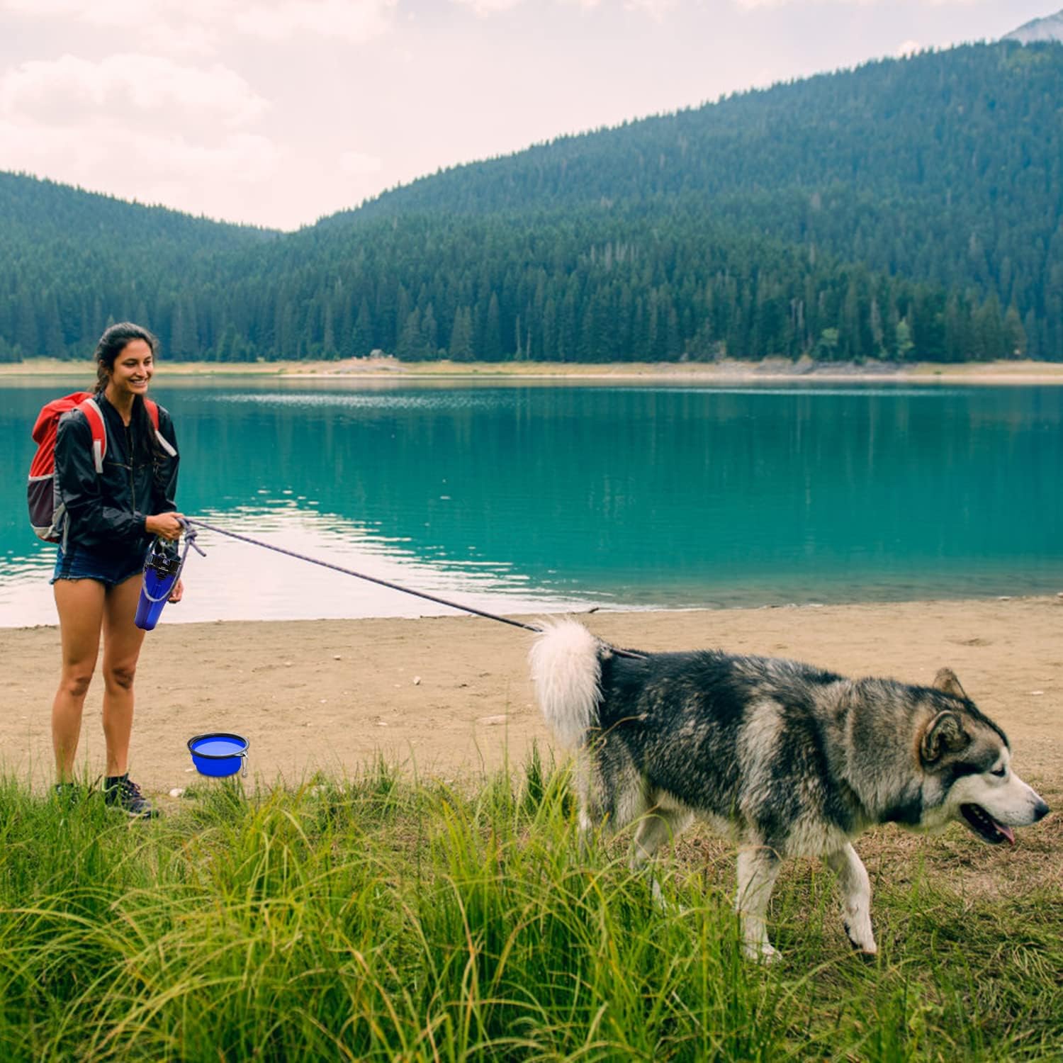 Dog Water Bottle Portable Dog Food Container Leak-Proof Cup with 2 Collapsible Slow Feeder Dog Bowls for Walking Hiking Travelling Camping