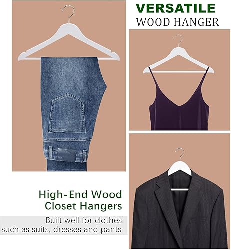 Miniatura 19 de Amber Home Paquete de 30 perchas de madera para abrigos, perchas de madera natural con barra antideslizante para pantalones, perchas para camisas