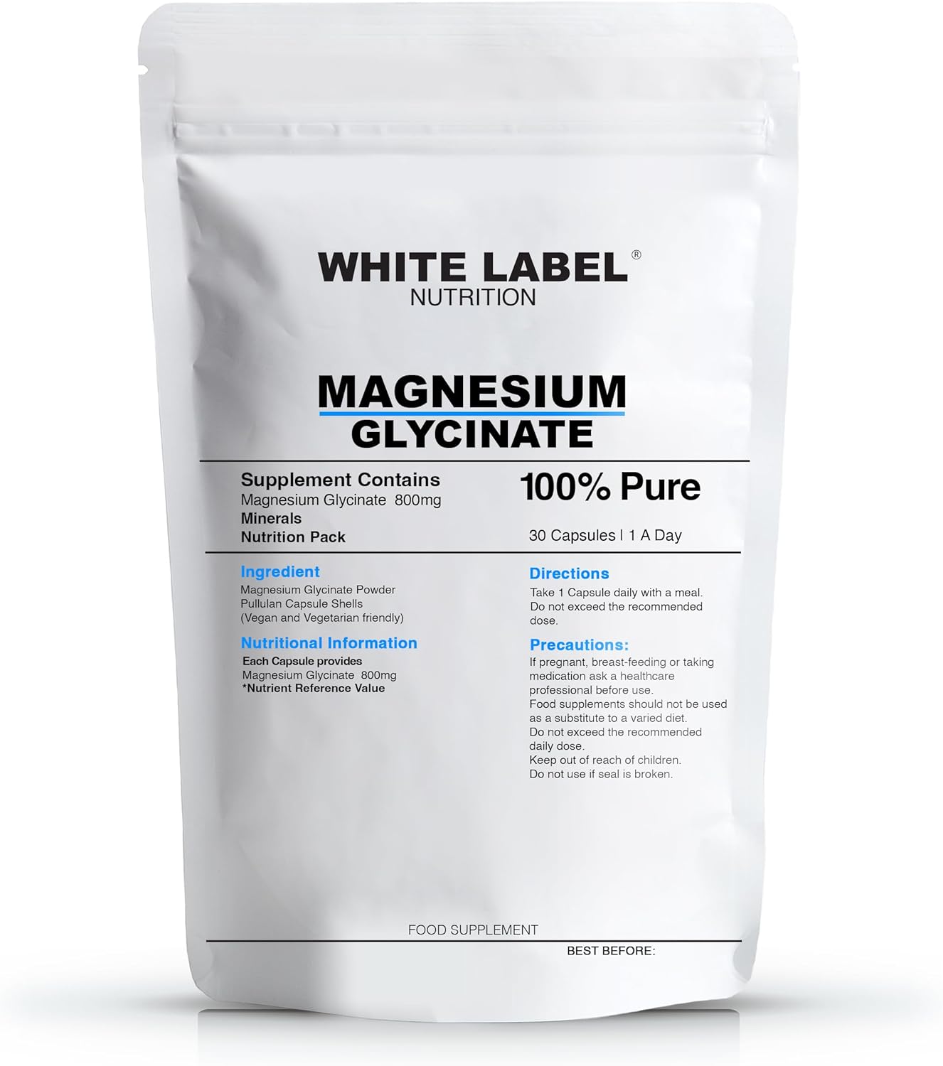 Magnesium glycinate | 30 Day Supply | 800mg | Vegan & vegearian | High Strength | 100% | White Label Nutrition