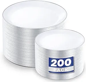 KIRE 200PCS Silver Plastic Plates - White Plastic Plates with Silver Rim Include 100 Dinner Plate and 100 for Dessert/Salad Plate for Birthday/Wedding/Party