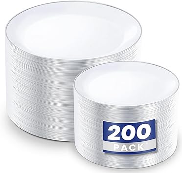 KIRE 200PCS Silver Plastic Plates - White Plastic Plates with Silver Rim Include 100 Dinner Plate and 100 for Dessert/Salad Plate for Birthday/Wedding/Party