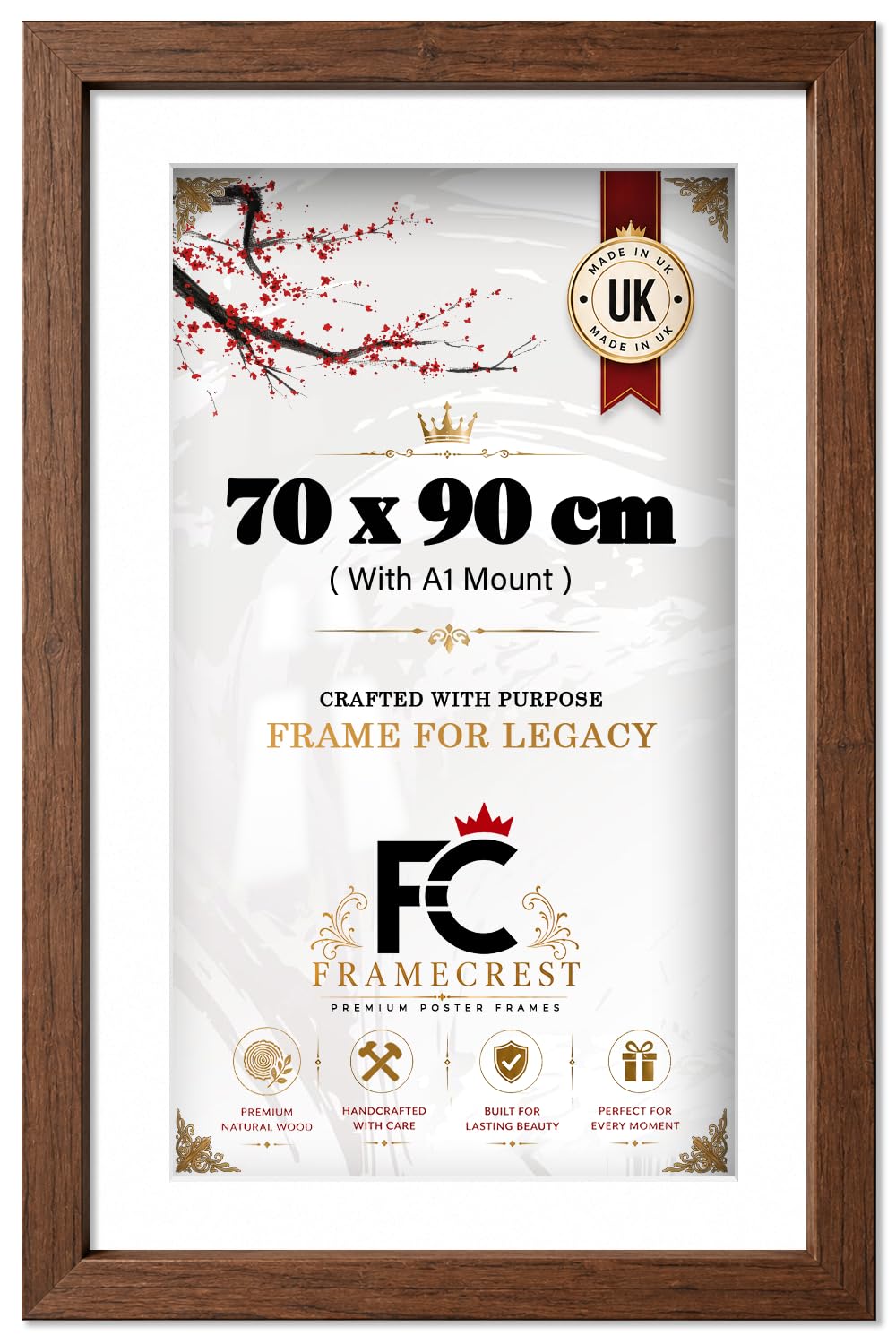 FRAMECREST LTD - 90 X 70 CM With A1 (59.40 X 84.10 CM) White Mount And Perspex Front, Large Rect. Wall Display For Prints, 70 X 90 Picture Frame With Mount, Walnut Wooden Picture Frame - [Walnut]