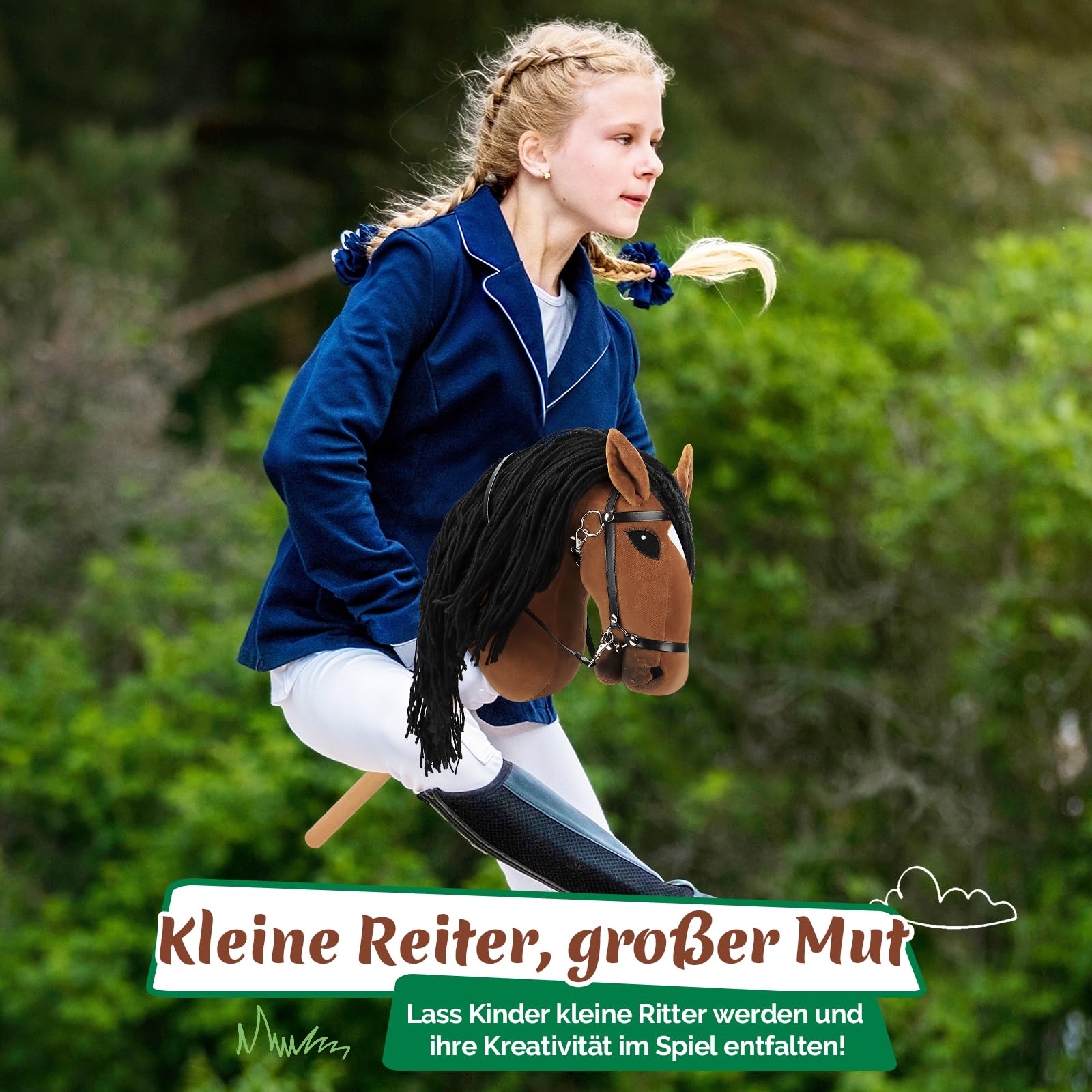 Charmofun Hobby Horse, A3 Kopfgröße Steckenpferd Kinder, Hobby Horsing mit Weichem Plüschhalfter, Fließendem Schweif & Verstellbarem Schultergurt, Perfekt für Garten, Geburtstag Grau (Braun)