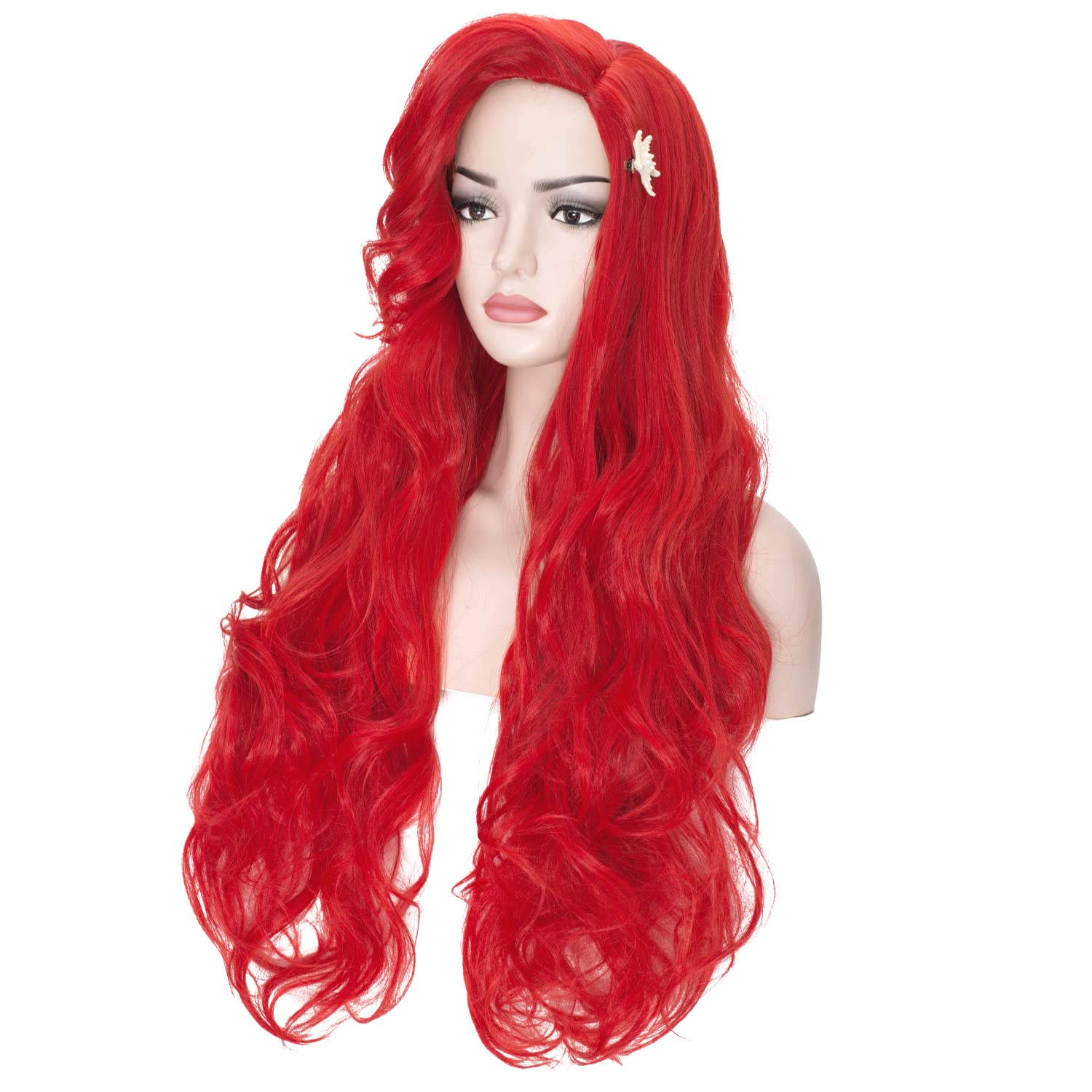 Probeauty Mermaid Wig with Starfish Hair Clips, 31inch Long Red Mermaid Curly Wig for Women Body Wave Wig for Halloween Costume