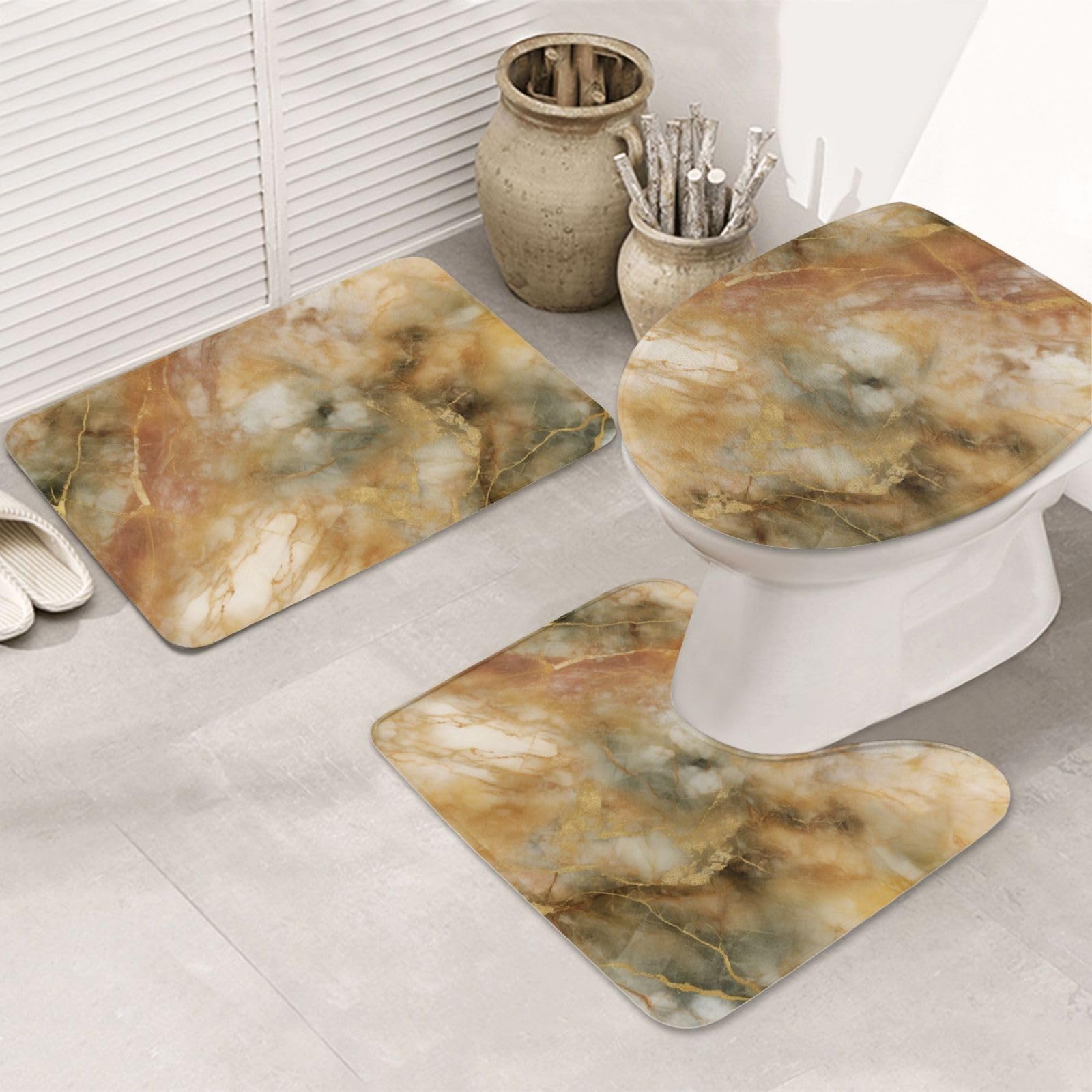 Tapis de bain antidérapants ensemble WC marbre doré flanelle absorbante