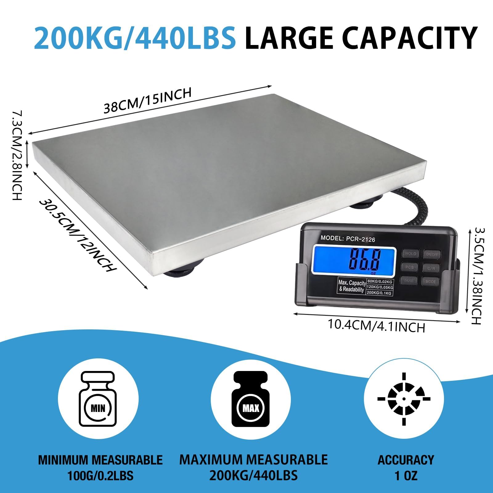 Large 440lbs Shipping Scale 15X 12 Platform Heavy Duty Stainless Steel Platform for Postal Industrial Floor Business Office — view 2