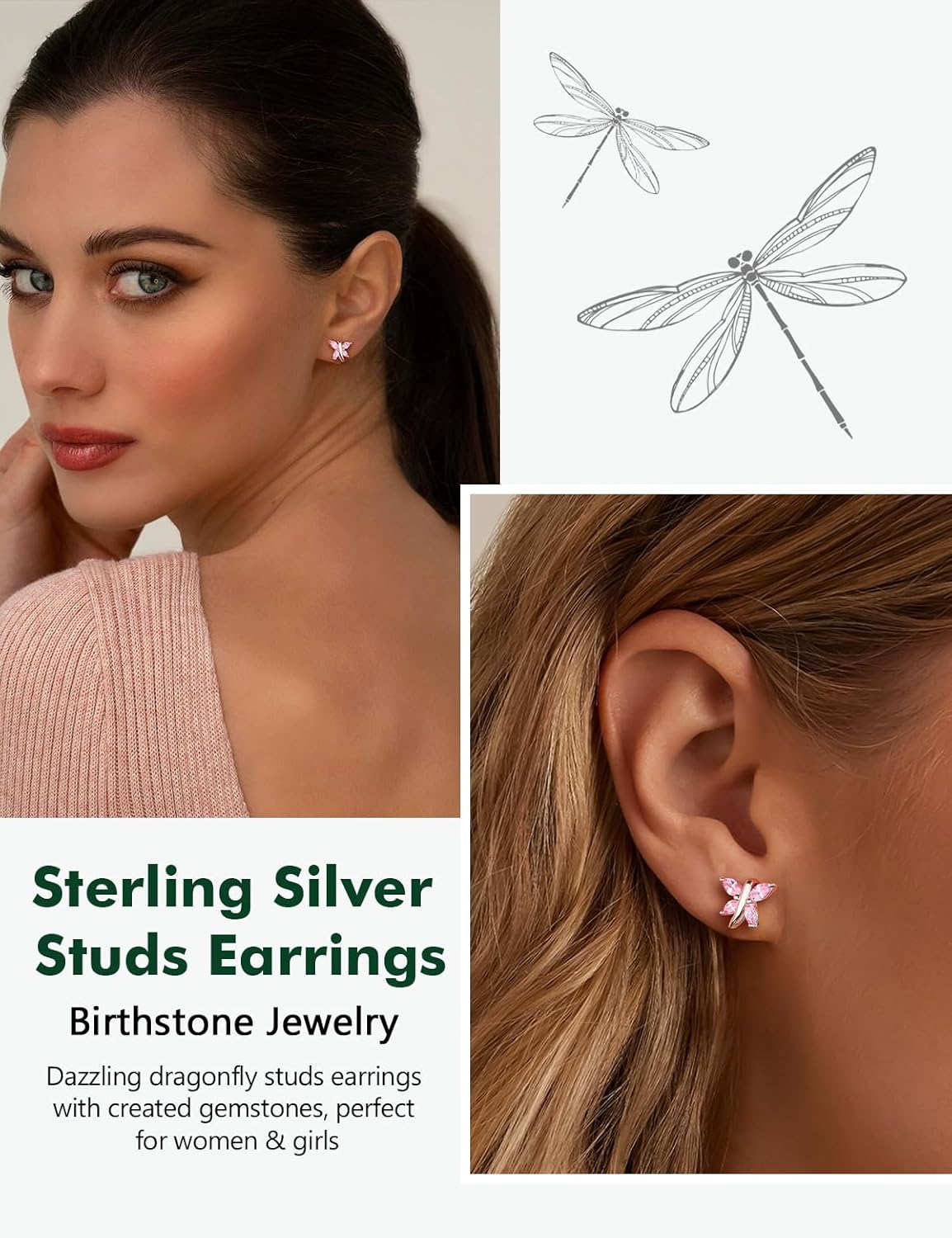 925 Sterling Silver Dragonfly Stud Earrings for Women Trendy Dainty Cute Earrings Ruby/Sapphire/Emerald Gemstone Studs Birthstone Anniversary Jewelry - Image 3