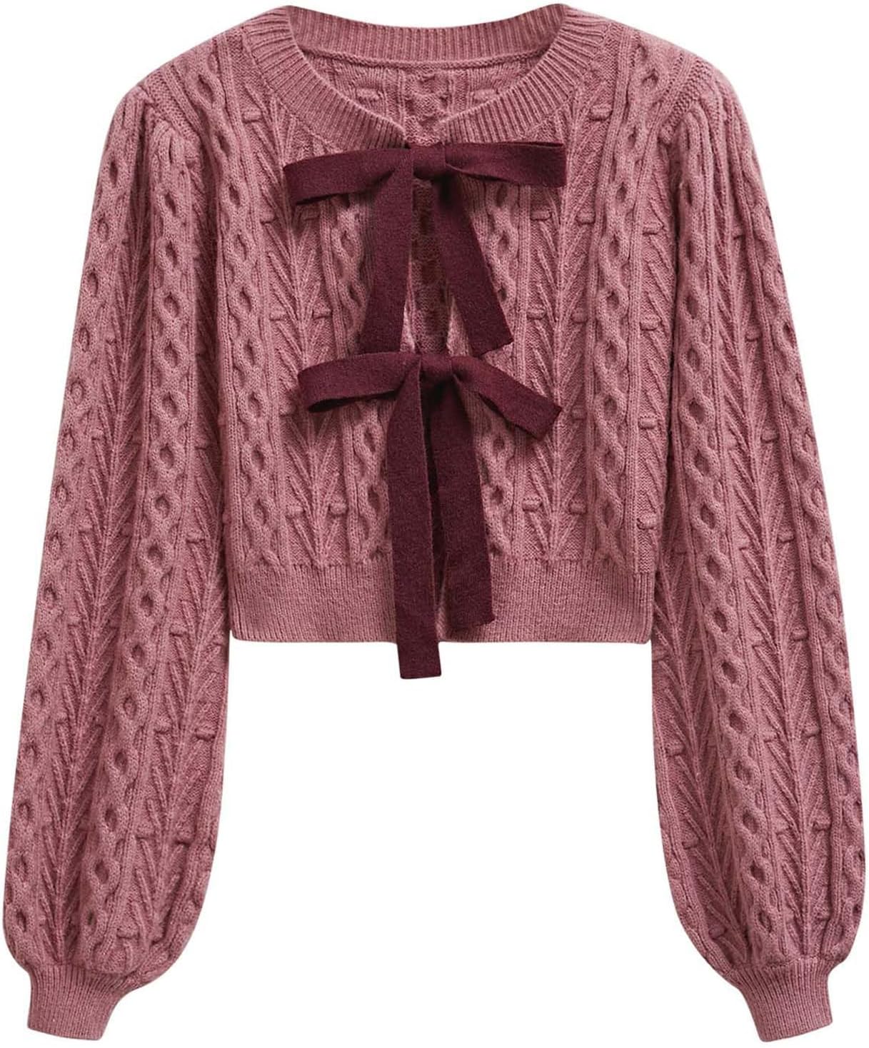 CHICWISH Women Bow Tie Front Cropped Cable Knit Cardigan Crewneck Long Sleeves Trendy Fall Winter Casual Sweater