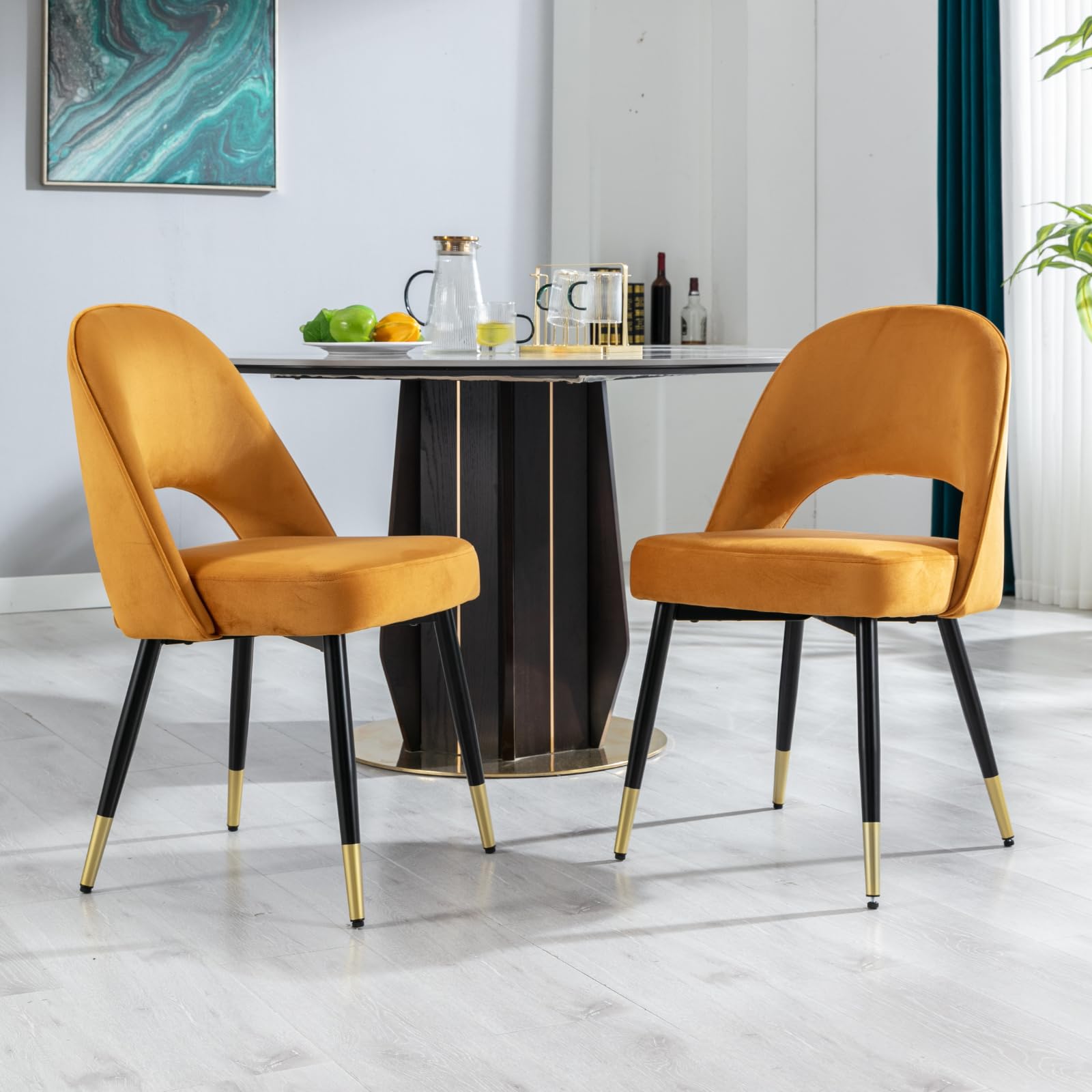 Ya-Home Velvet Dining Chairs with Black Metal Legs Set of 2 Modern Kitchen Side Chairs for Dining Room, Yellow