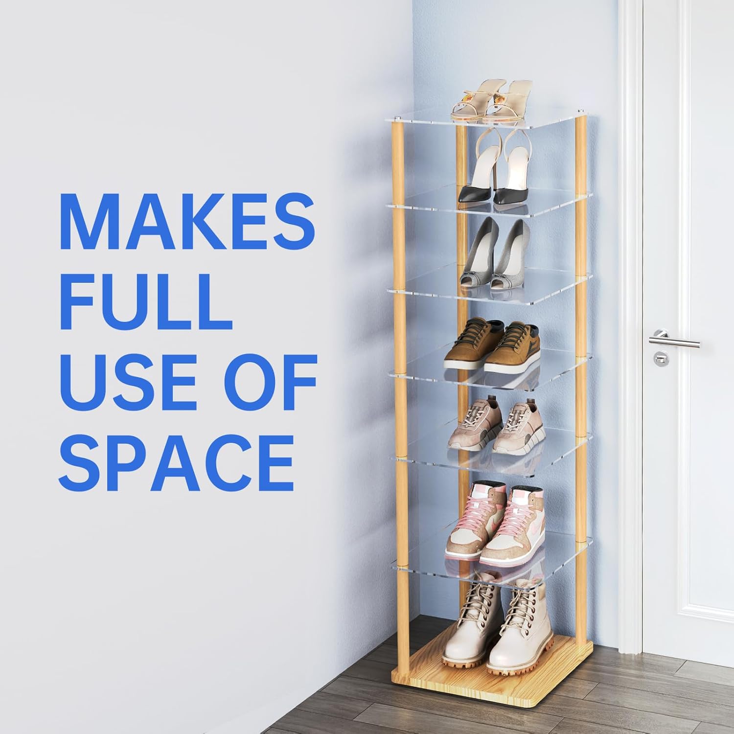 NiHome 7-Tier Vertical Acrylic Shoe Rack, Easy No-Tool Assembly Space-Saving Shoe Organizer for Entryways, Closets, Dorm Rooms, 11"x10.5"x41" Versatile Storage for Shoes, Boots, Books and More