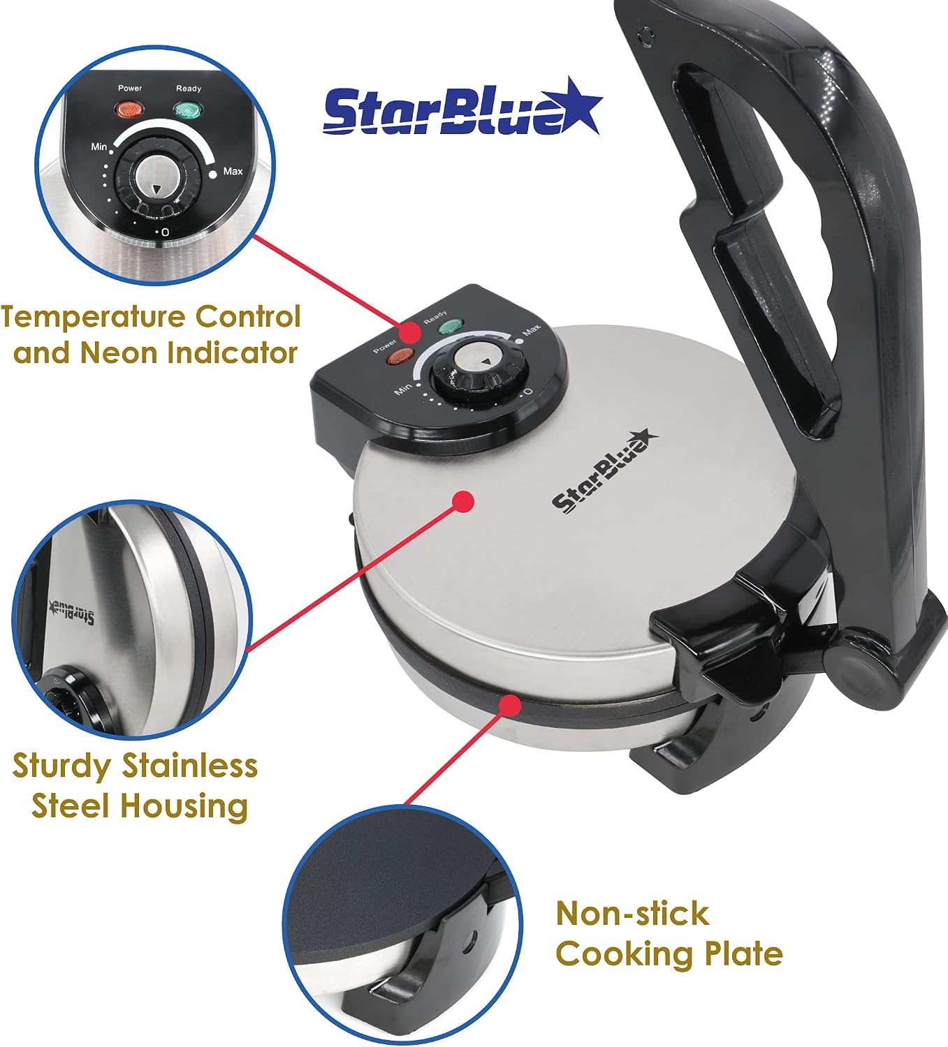 8 inch Roti Maker by StarBlue with FREE Roti Warmer - The automatic Stainless Steel Non-Stick Electric machine to make Indian style Chapati, Tortilla, Roti AC 120V 60Hz 900W