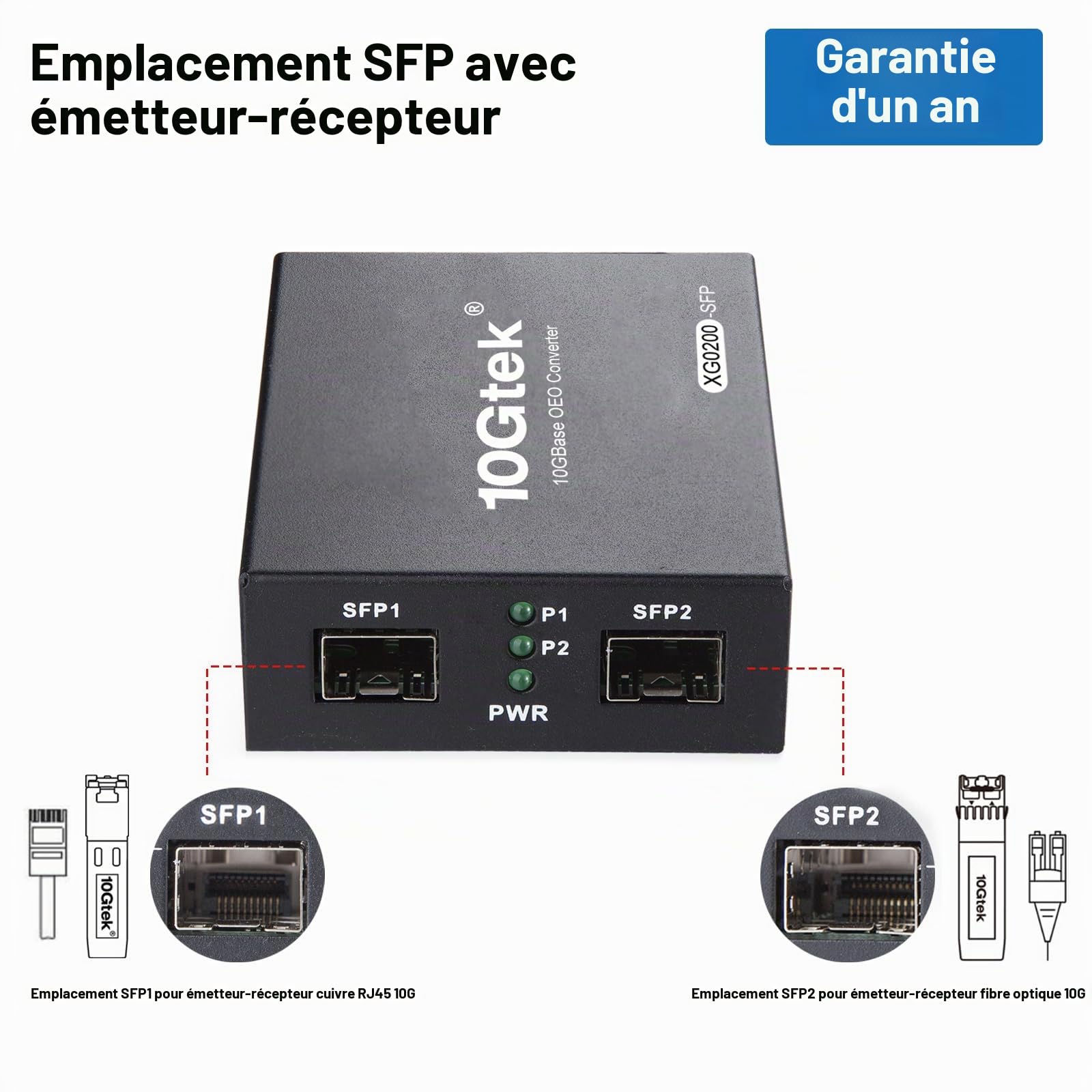 10Gtek Convertisseur de MéDia SFP+ G0200-SFP (Kit #31), 10GBase-T PortéE 30m, Module SFP+ SR 300M MMf 850nm