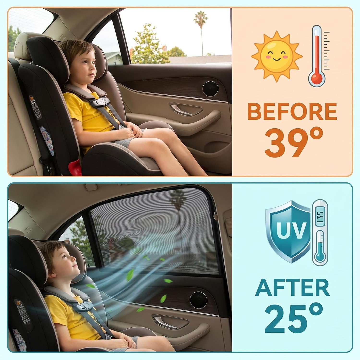 2 Pack Stretchy Mesh Car Front Side Window Shades, Bug UV Protection Mosquito Net, Breathable Blackout Privacy Baby Car Window Screens, Universal 95% Cars SUVs Camping Accessories