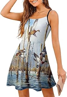 Womens Spaghetti Strap Sleeveless Short Dress Mallard Duck Flying Wildlife Animal Sundress Flowy Swing Dresses - Buy now