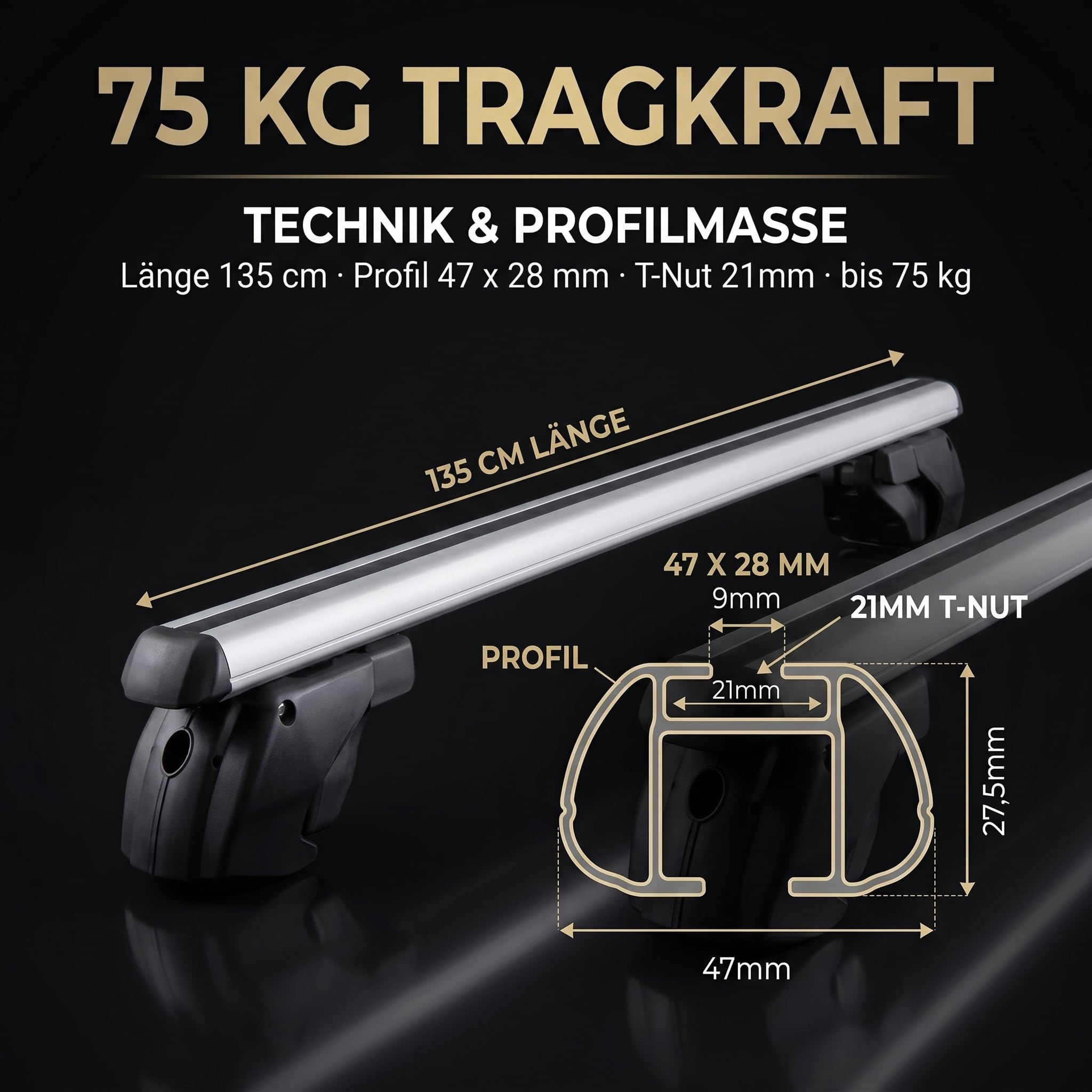 Dachgepäckträger Auto - Dachträger Universal VDP Sherman XL | Auto Dachträger offene Reling | Dachträger für Reling abschließbar | Aluminium Grundträger Dachreling bis 90kg - 135 cm Länge