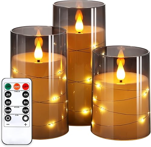 NURADA - Velas parpadeantes sin llama incluye tira luces estrella led llama 3D, funciona pila, no se rompe, columna acrílico, control remoto,