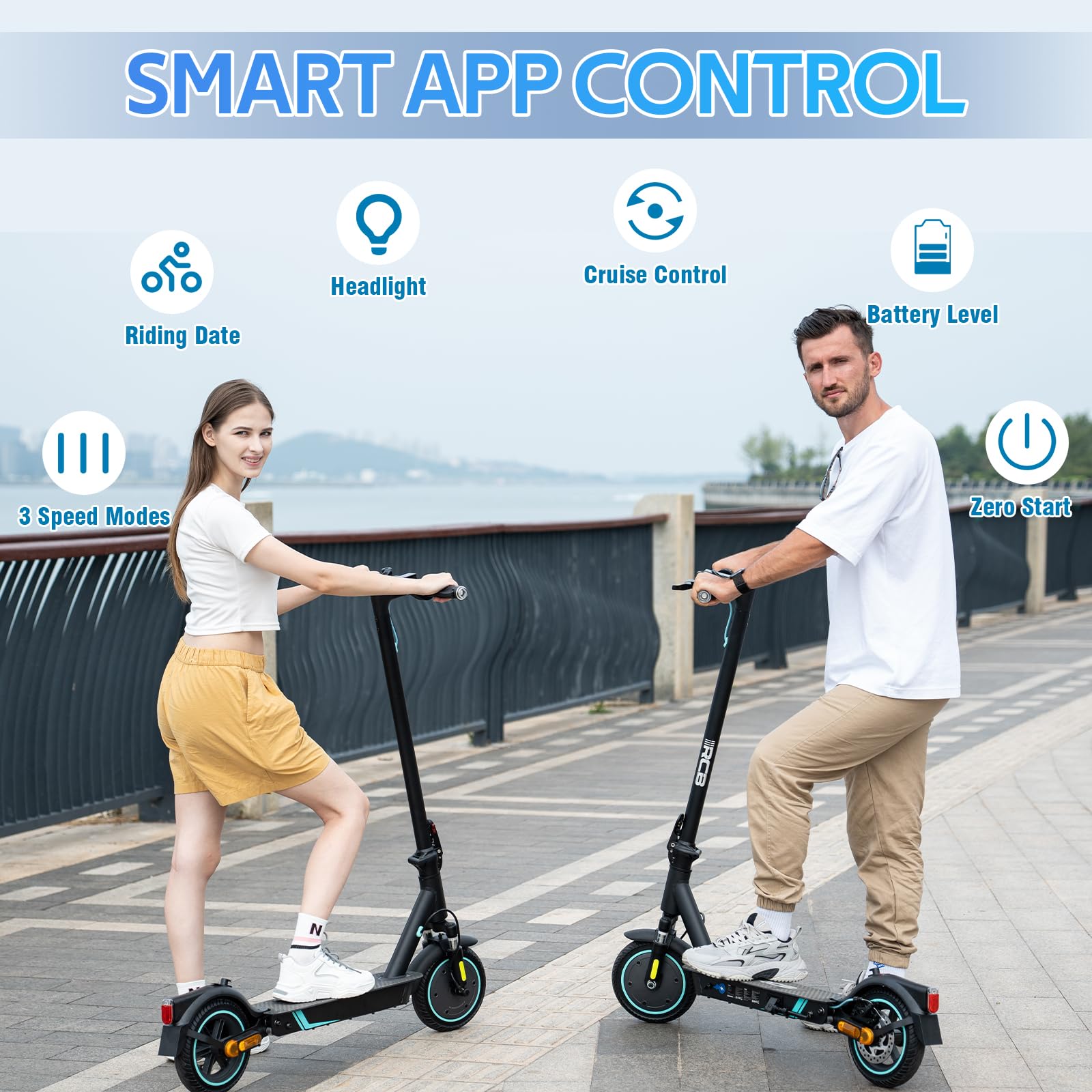 Two people interacting with the RCB R17 Electric Scooter and its mobile app