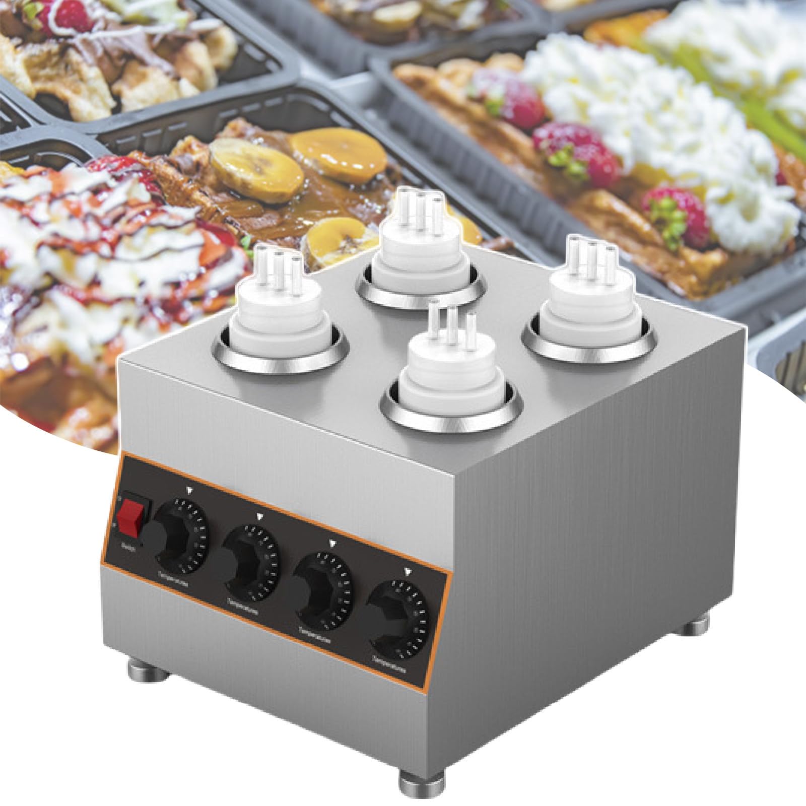 Calentador de Queso Nacho Comercial, máquina para Calentar Chocolate con 4 Botellas, dispensador de Mermelada y Dulce de Leche Caliente, Temperatura Ajustable de 30 a 85 ℃, 220 V