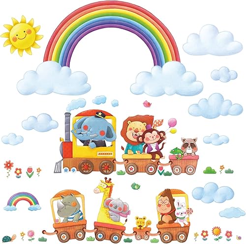 DECOWALL DA-1913P1406A - Calcomanías de pared para niños, diseño de arco iris y tren animal, calcomanías de pared extraíbles para niños, guardería,
