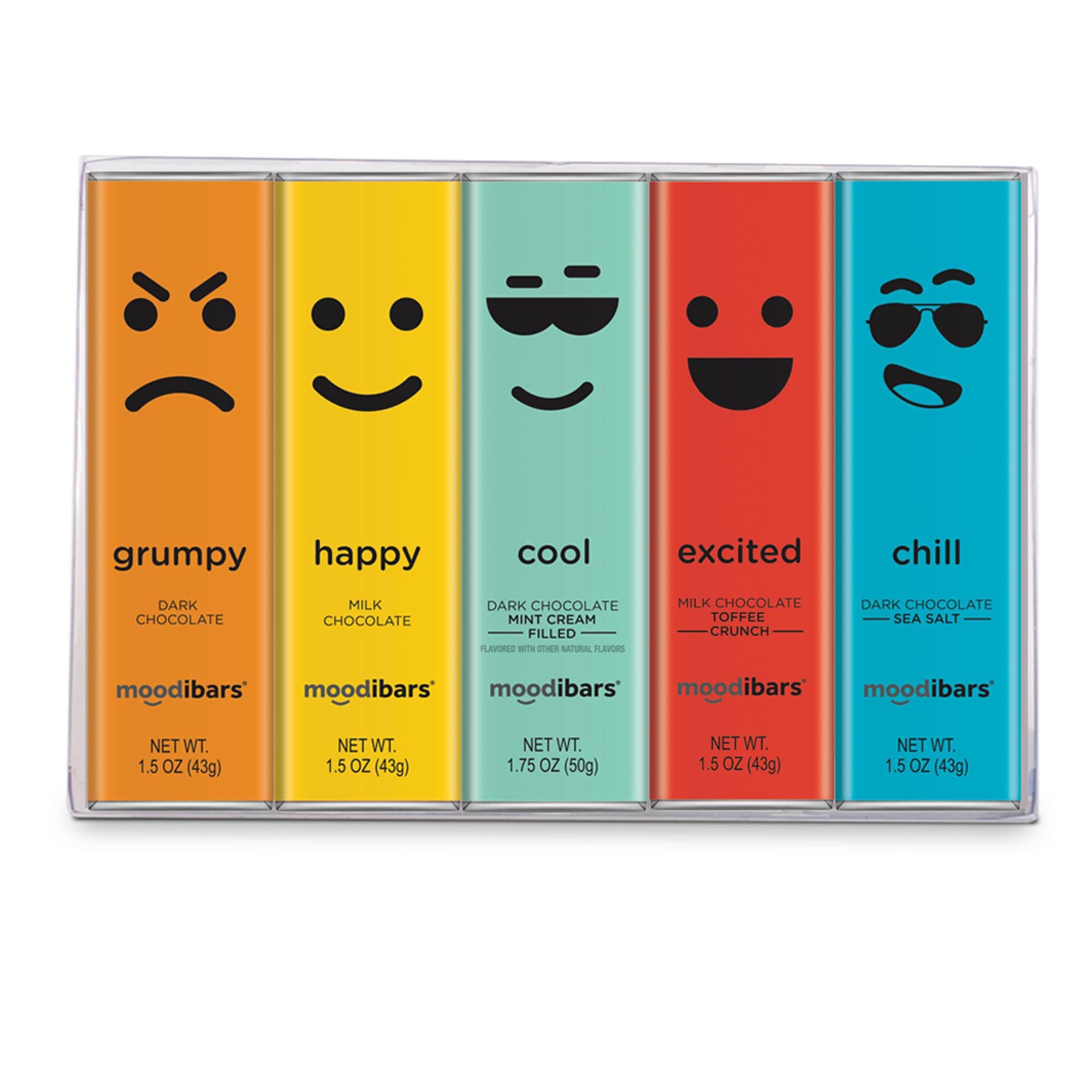 Astor Chocolate MoodiBars 5 Variety Gift Box | Assorted Milk & Dark Chocolate Bars, Sea Salt, Milk Toffee, Mint Cream Gourmet Bar Snack Set | Emoji Mood Faces Gifts | Belgian Chocolate Celebration Box Sampler | Individually Wrapped Candy Basket