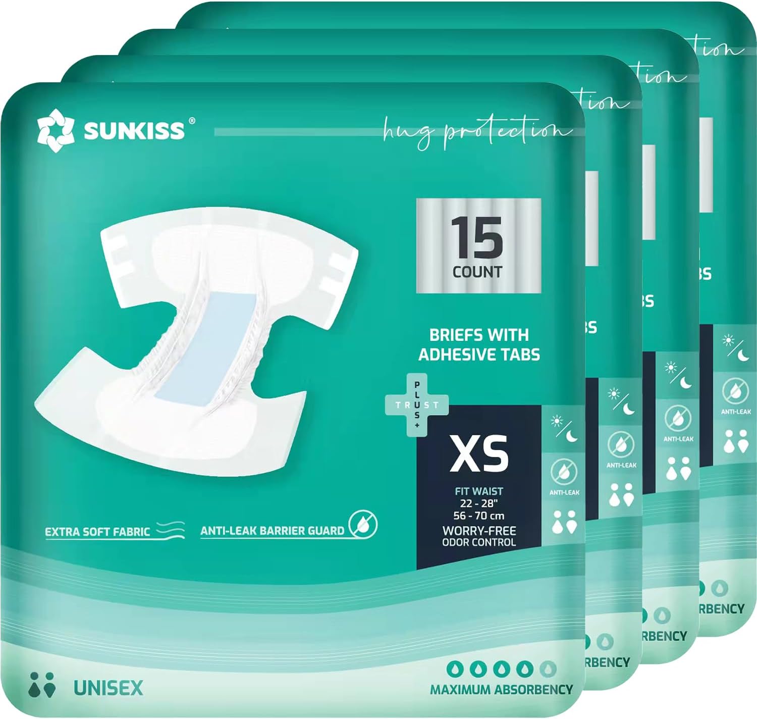 SUNKISS TrustPlus Adult Diapers with Maximum Absorbency, Unisex Disposable Incontinence Briefs with Tabs for Men and Women, Odor Control, XSmall, 60 Count (4 Packs of 15) X-Small (Pack of 60)