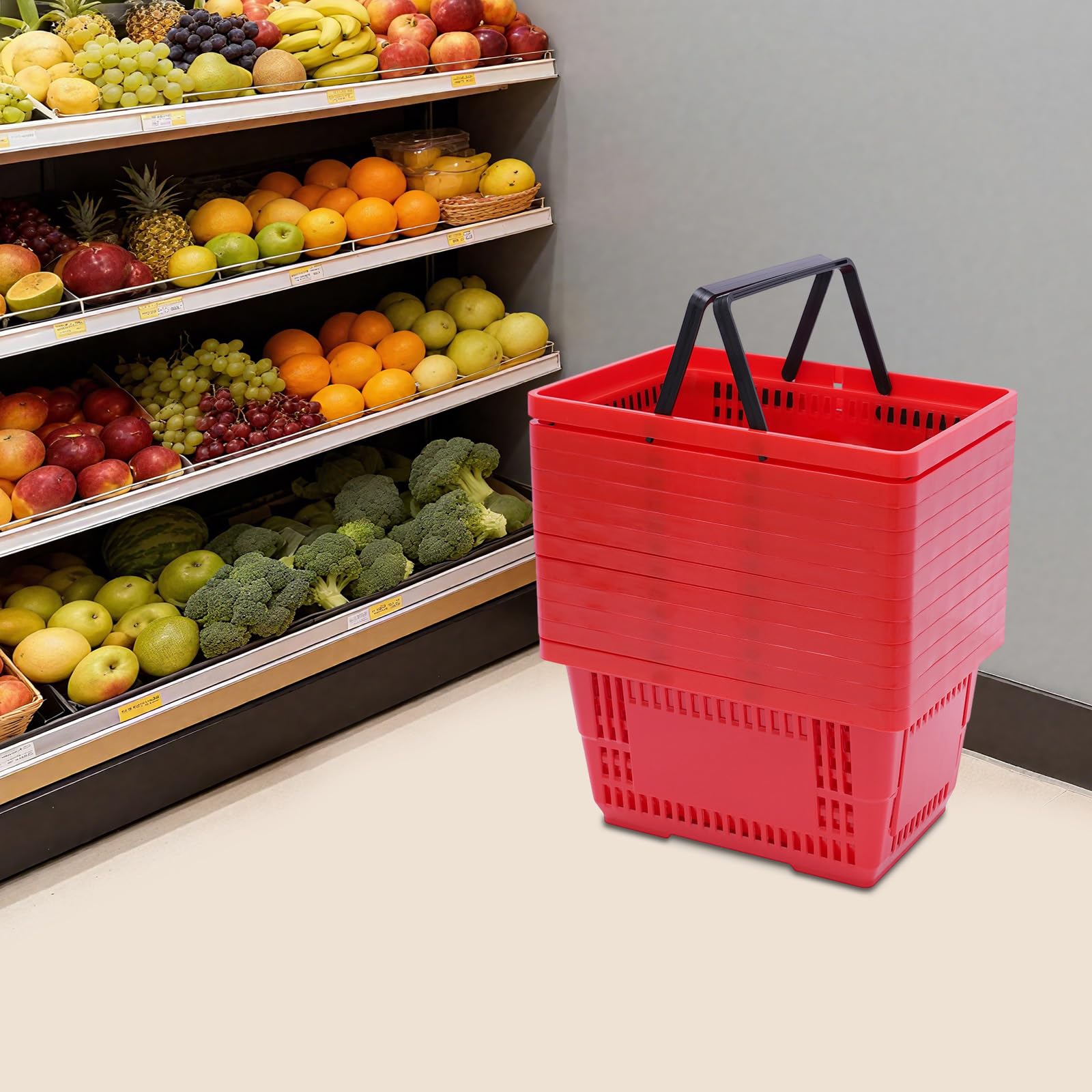 12 Stück Einkaufskorb aus Kunststoff 18L Stapelbar für Supermarkt Rot | offene Gitterstruktur, Klappbarer Griff, 43 × 30 × 23 cm