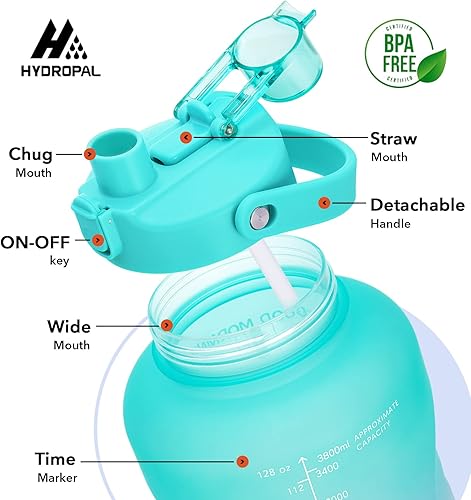 Miniatura 3 de Botella de agua de un galón con popote, 128onzas (3.8L), libre de BPA - Innovadora botella deportiva con tapa 2en 1con recordatorios motivacionales