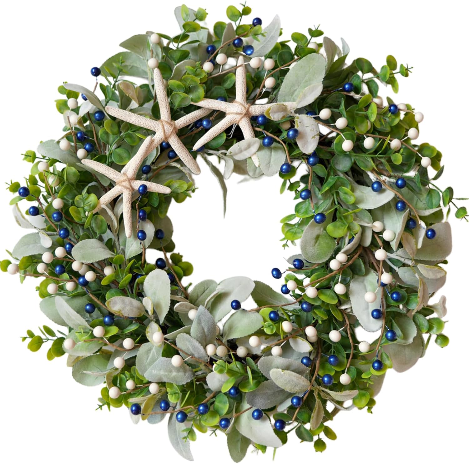 22-inch Green Front Door Wreath Coastal Artificial Starfish & Berries Wreath for Wall, Mantel, Entryway Greenery Decor Nautical Beach Style