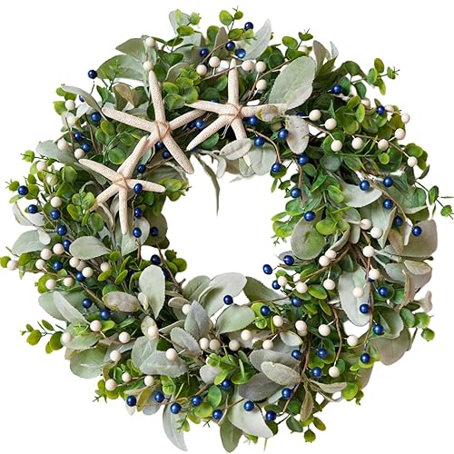 22-inch Green Front Door Wreath Coastal Artificial Starfish & Berries
