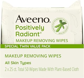 Aveeno Positively Radiant Makeup Removing Wipes: Alcohol-Free, Gentle, Non-Comedogenic, Removes Waterproof Mascara, Twin Pack 50ct