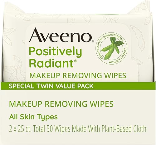 Aveeno Positively Radiant Makeup Remover Wipes, Oil Free, Alcohol Free, Non-Comedogenic Facial Cleansing Wipes, Gentle Face Wipes for Sensitive Skin, Travel Makeup Wipes, Twin Pack, 2 x 25 Ct