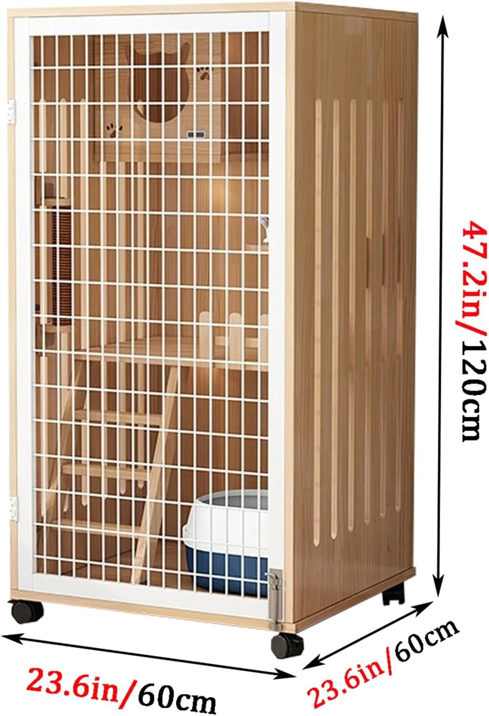 Cat Cage, Thickened solid wood Cat Enclosures, Multi-layer luxury space, Transparent tempered glass, Mesh ventilation and movable pulley, Kattstängsel för 1-3 kattungar(Wood color,23.6x47.2/60