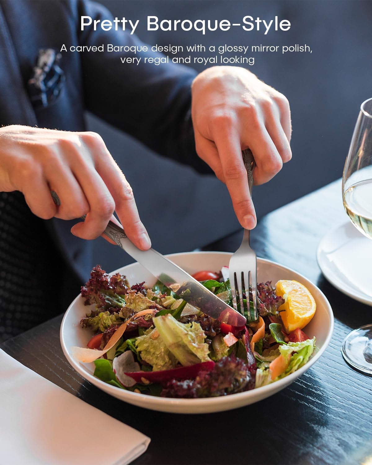 Silverware set for 4,Ollex 24PCS Retro Royal Silver Flatware Set with Box, Food-Grade Stainless Steel Silver Utensil Sets Includes Spoons Forks and Steak Knives, Mirror Finish Dishwasher Safe