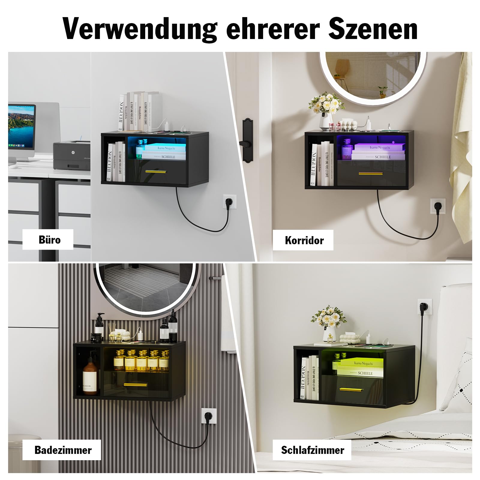 Nachttisch Hängend mit led, Nachttisch mit Ladestation, Nachtschrank Schwarz, Offenes Fach Und Einer Schublade, 46.5x30x25.5cm, 16 Farben LED, Modern, Wohnzimmer Schlafzimmer