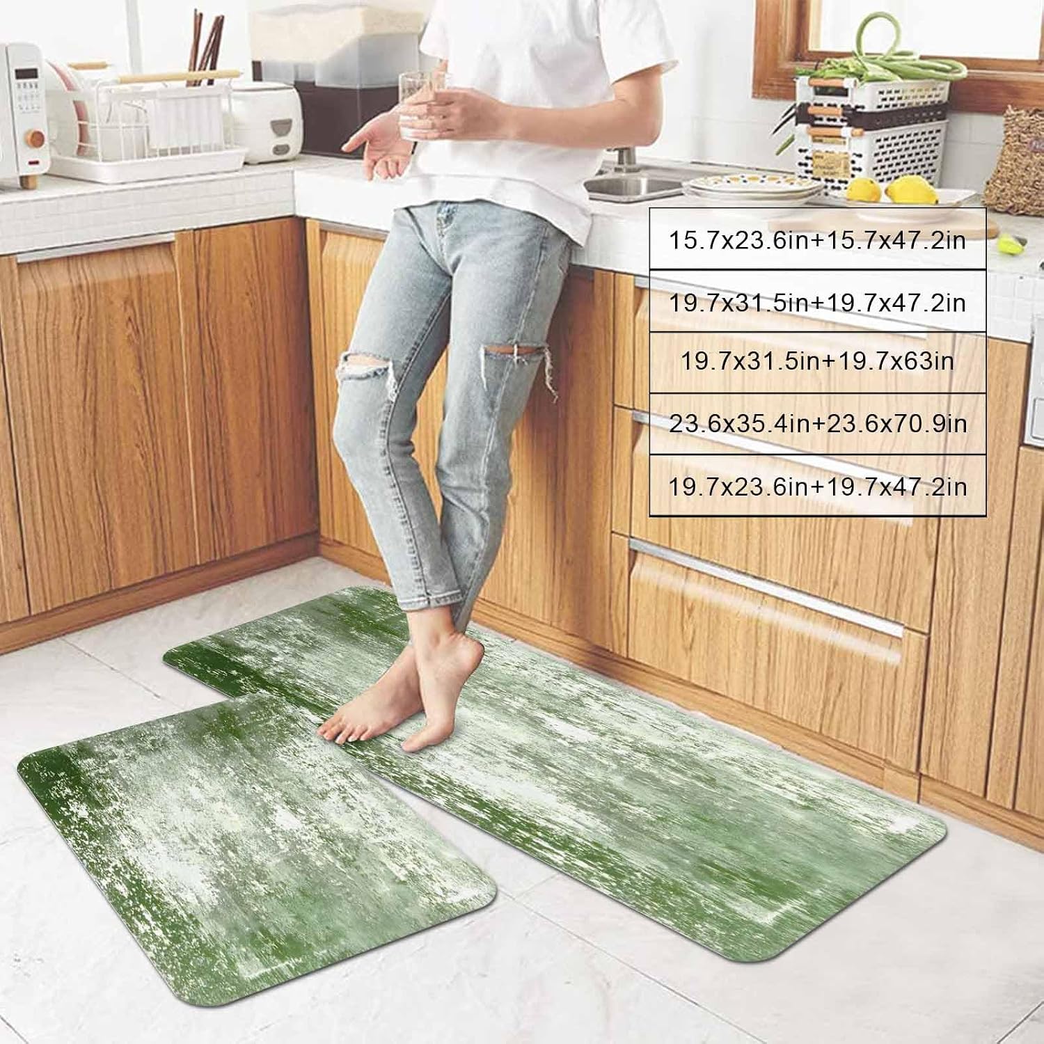 Modern Artistic Abstract Kitchen Mats Set of 2 Gradient Sage Green Mottled Vintage Non Slip Mat Washable Floor Rug for Kitchen Sink Floor Laundry, 20"x24"+20"x48"