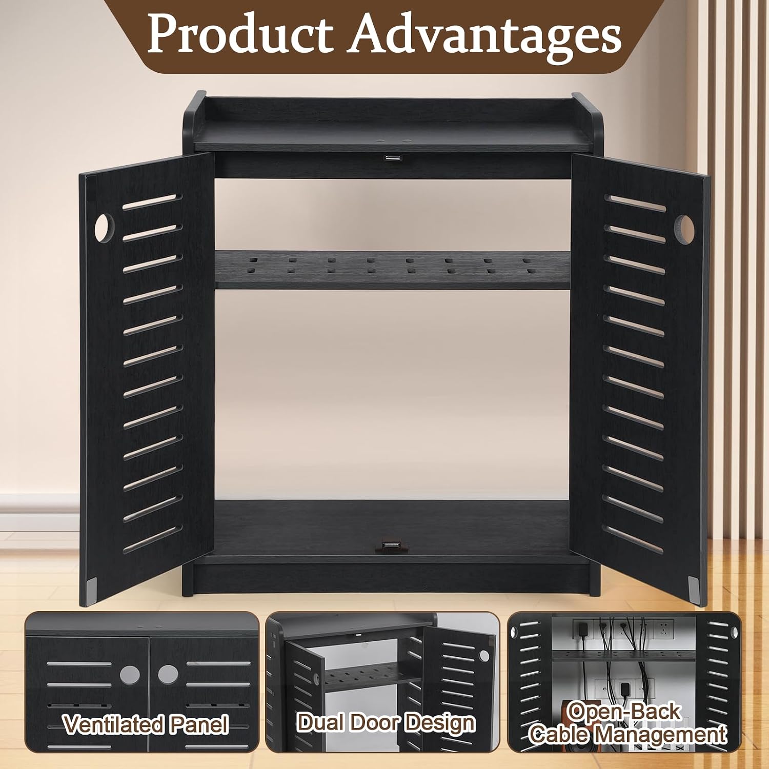 WiFi Router Storage Cabinet 19.7" x 9.8" x 23.6" Large Router Hider Box with Ventilated Louver Doors 2-Tier Cable Management Box for Hide Wires & Power Strips Modem Stand for Living Room Office