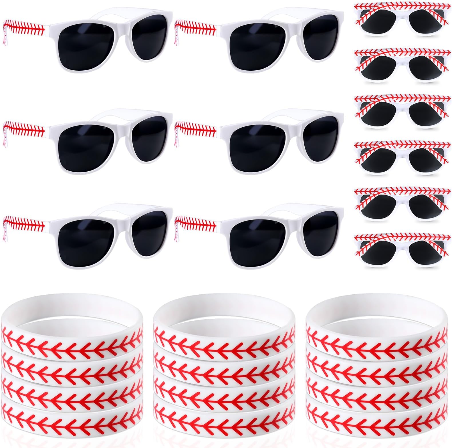 24 PCS Baseball Sunglasses Wristbands for Sports Ball Theme Party Favors Set White Red Frame Sunglasses Sports White Red Baseball Rubber Bracelets for Team Gifts Sport Theme Birthday Gifts Supplies