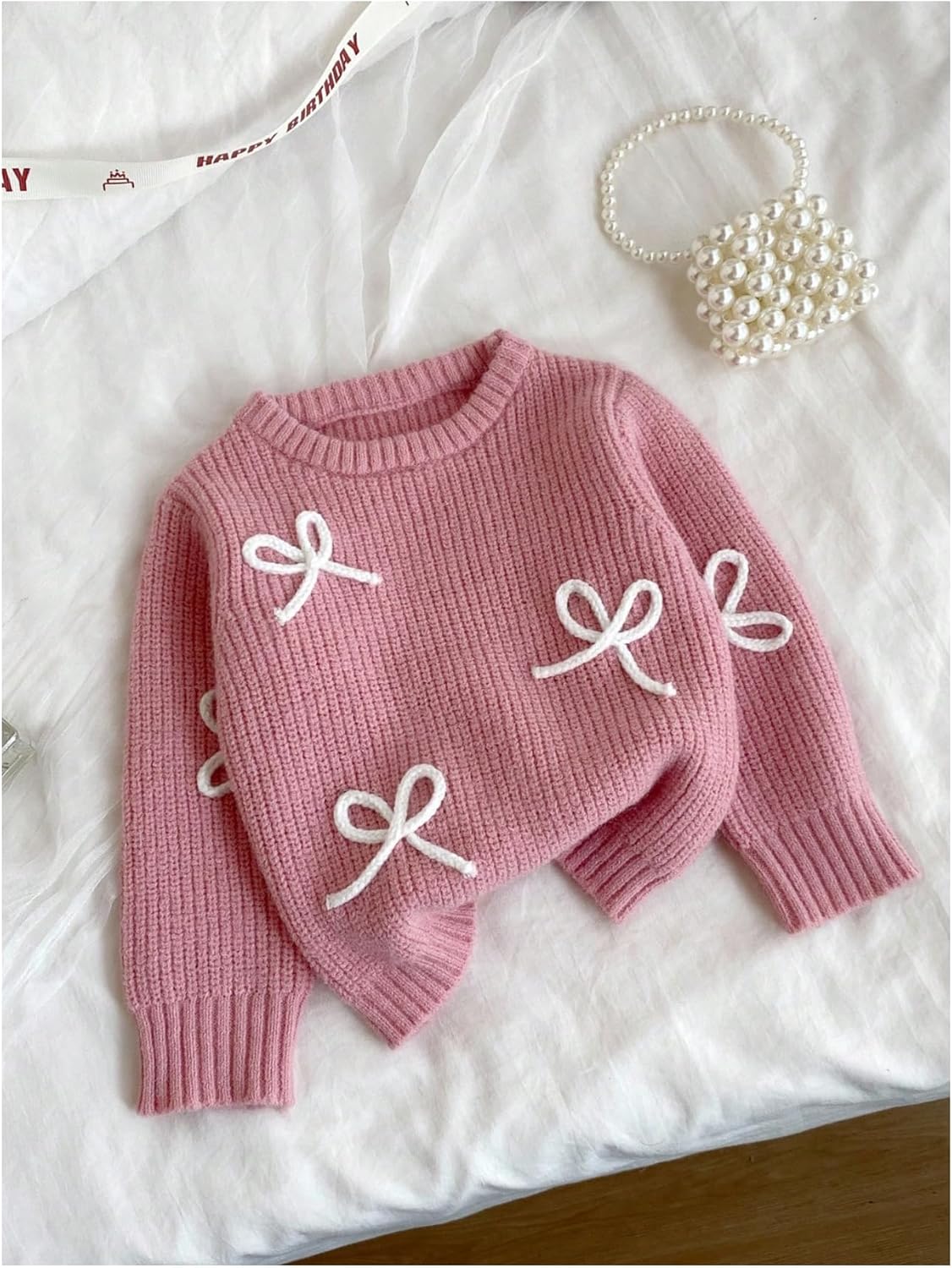 Verdusa Girl's Cute Bow Sweater Crew Neck Long Sleeve Ribbed Knit Casual Pullovers - Image 3