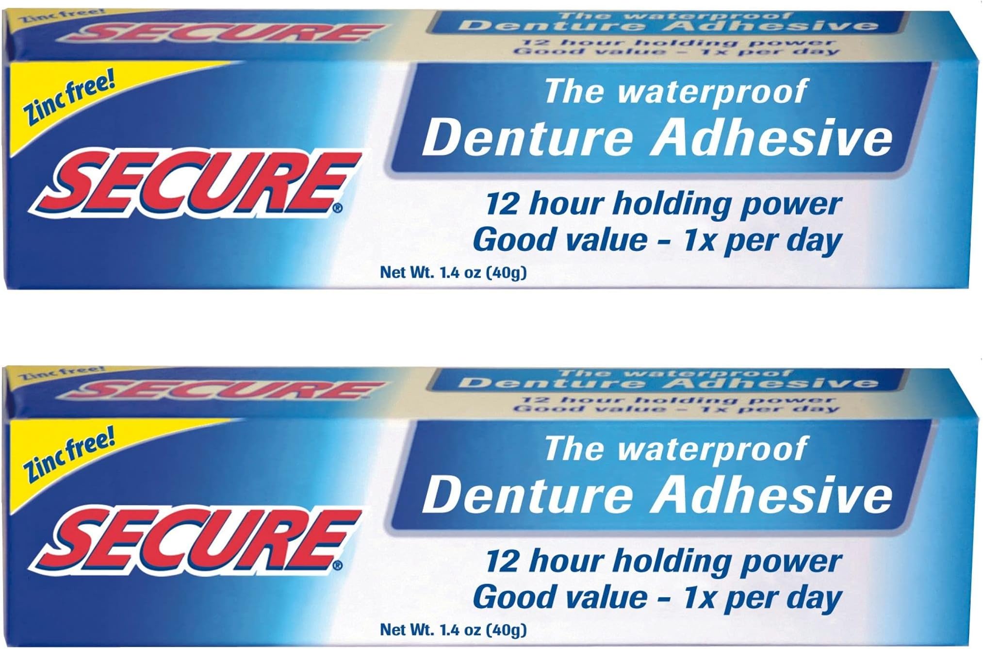Waterproof Denture Adhesive - Zinc Free - Extra Strong Hold For Upper, Lower or Partials - 1.4 oz (Pack of 2)
