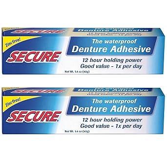Secure Waterproof Denture Adhesive - Zinc Free - Extra Strong Hold For Upper, Lower or Partials - 1.4 oz Pack of 2
