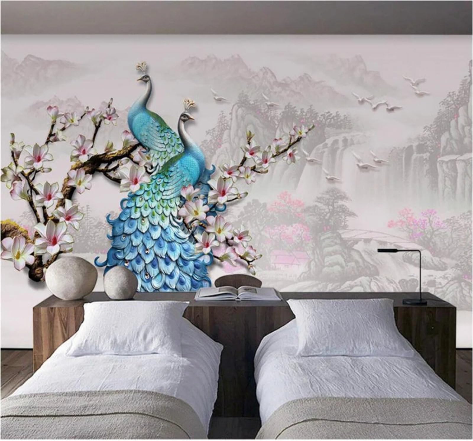 Xlming 350Cm×256Cm(B×H) Three Dimensional Relief Blue Peacock Magnolia Landscape 3D Wallpaper Luxury Silk Study Dining Feature Sofa Grey Bedroom Living Room Tv Decorative Wall-350Cm×256Cm