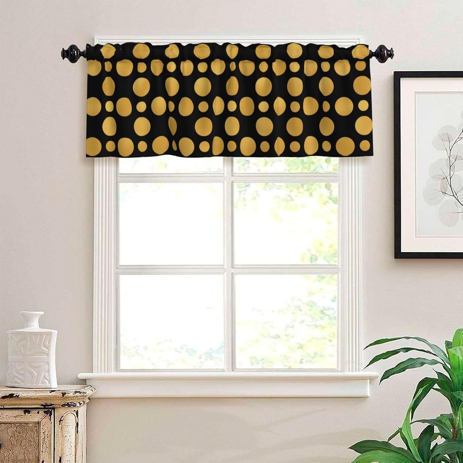 Valance for Windows Gold Polka Dots Black Short Curtains Rod Pocket Window Treatment for Kitchen Living Room Bedroom Bathroom Decor 1 Panel, 54x18in