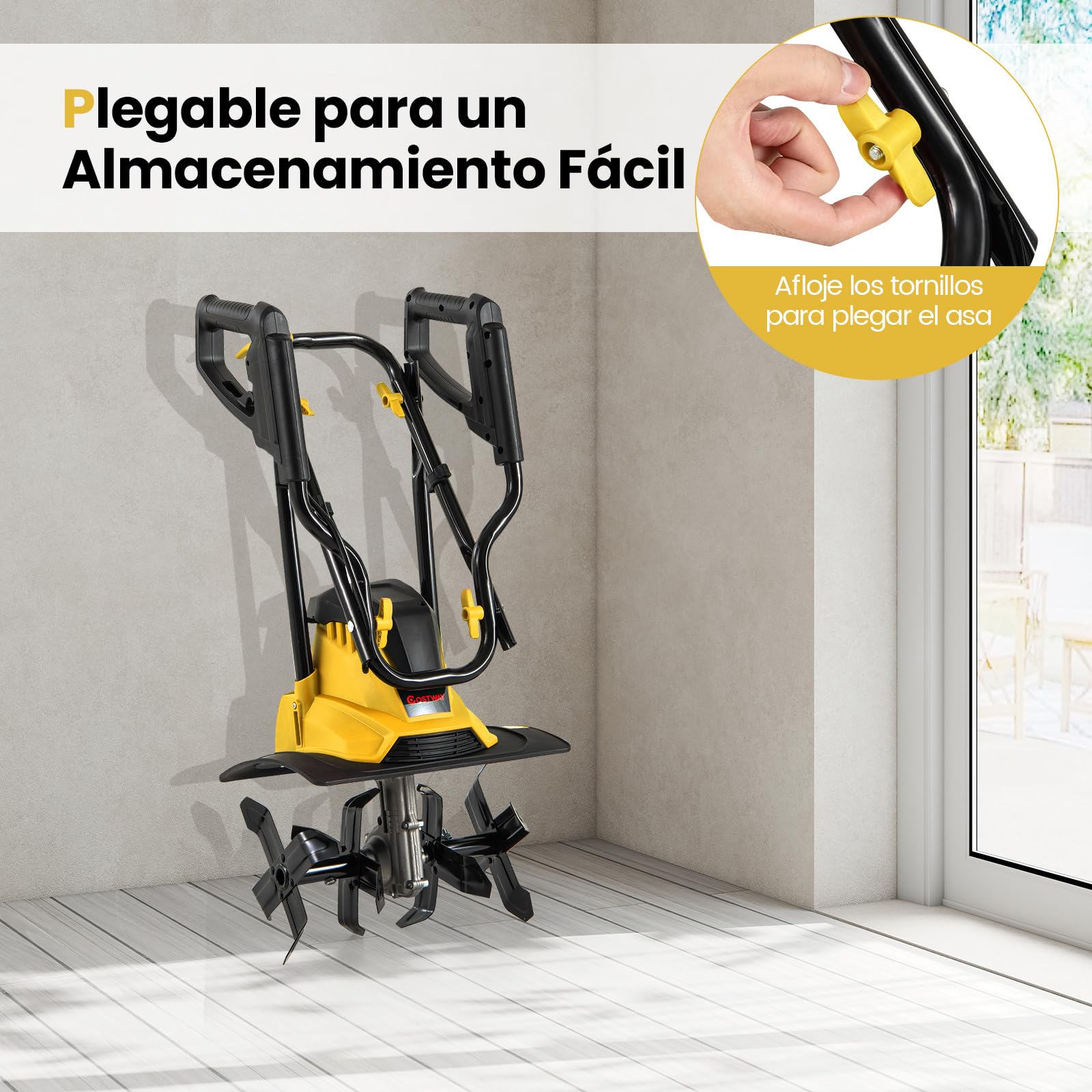 COSTWAY Motoazada Eléctrica, Rotocultivador Plegable Potente con Ancho de Labranza de 36cm y Profundidad de Trabajo de 22cm, Máquina de Jardinería para Excavar Suelo de Césped (Amarillo,1200W)