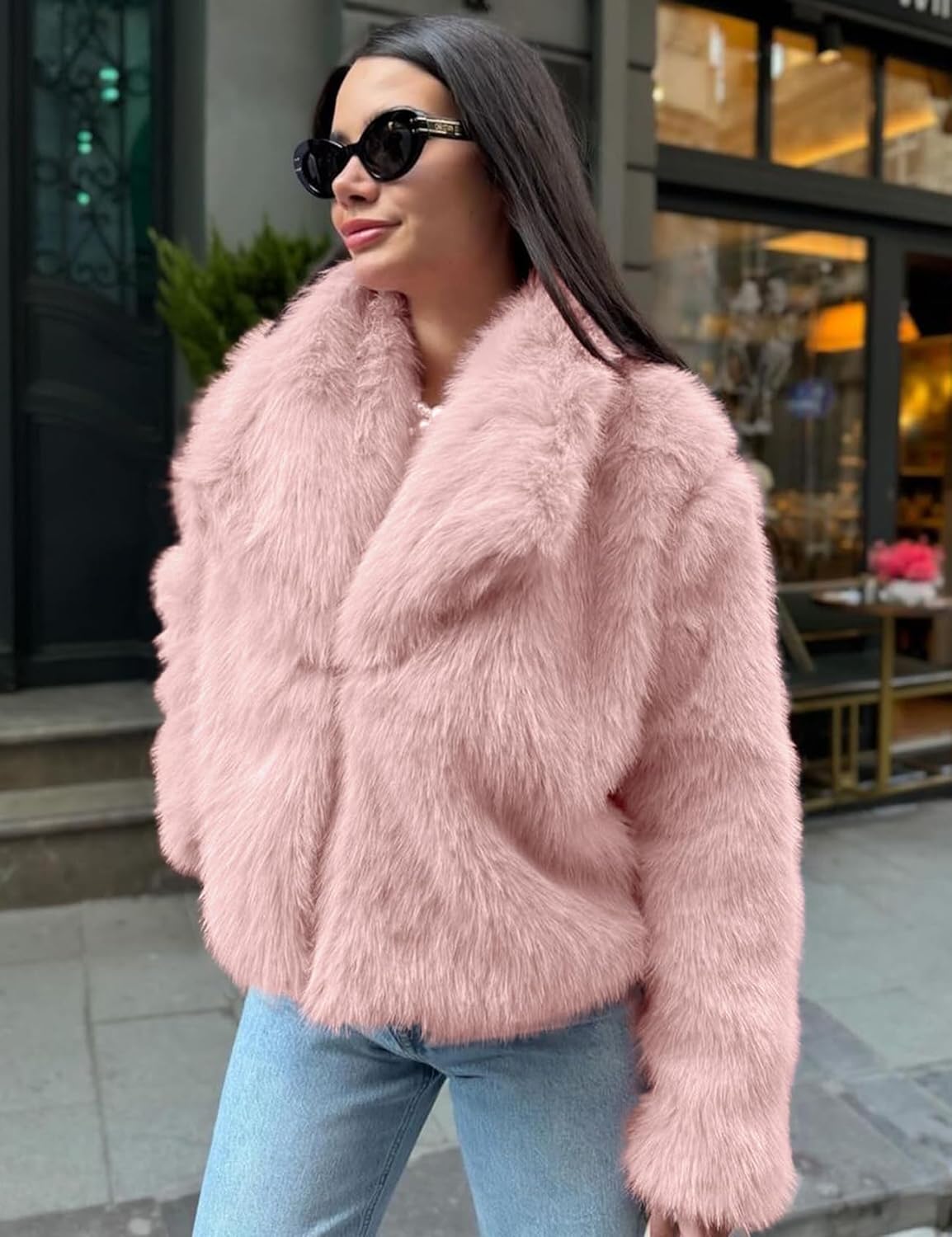 COZYPOIN Womens Faux Fur Jacket Fluffy Fur Coat Cropped Long Sleeve Lapel Button Down Fuzzy Winter Outerwear - Image 3