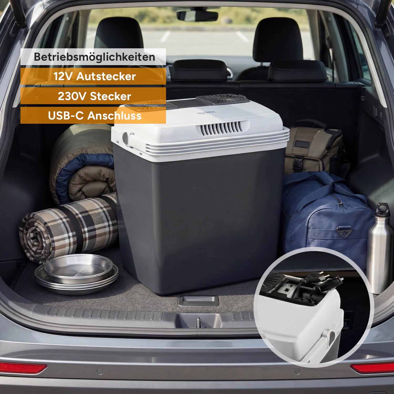 TZS First Austria Thermoelektrische Kühlbox 32L 230V/12V/USB-C PD 3.0 Mobile Minibar Schwarz/Grau