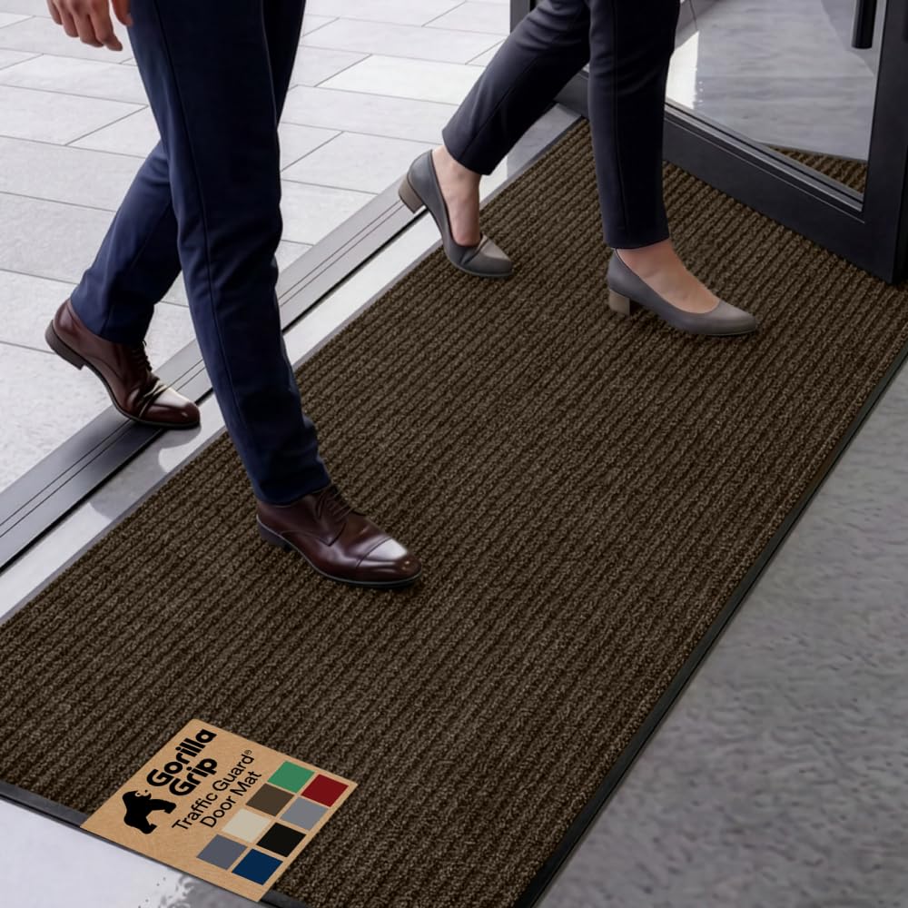 GORILLA GRIP Traffic Guard Indoor Outdoor Heavy Duty Door Mat, 59x24 Brown