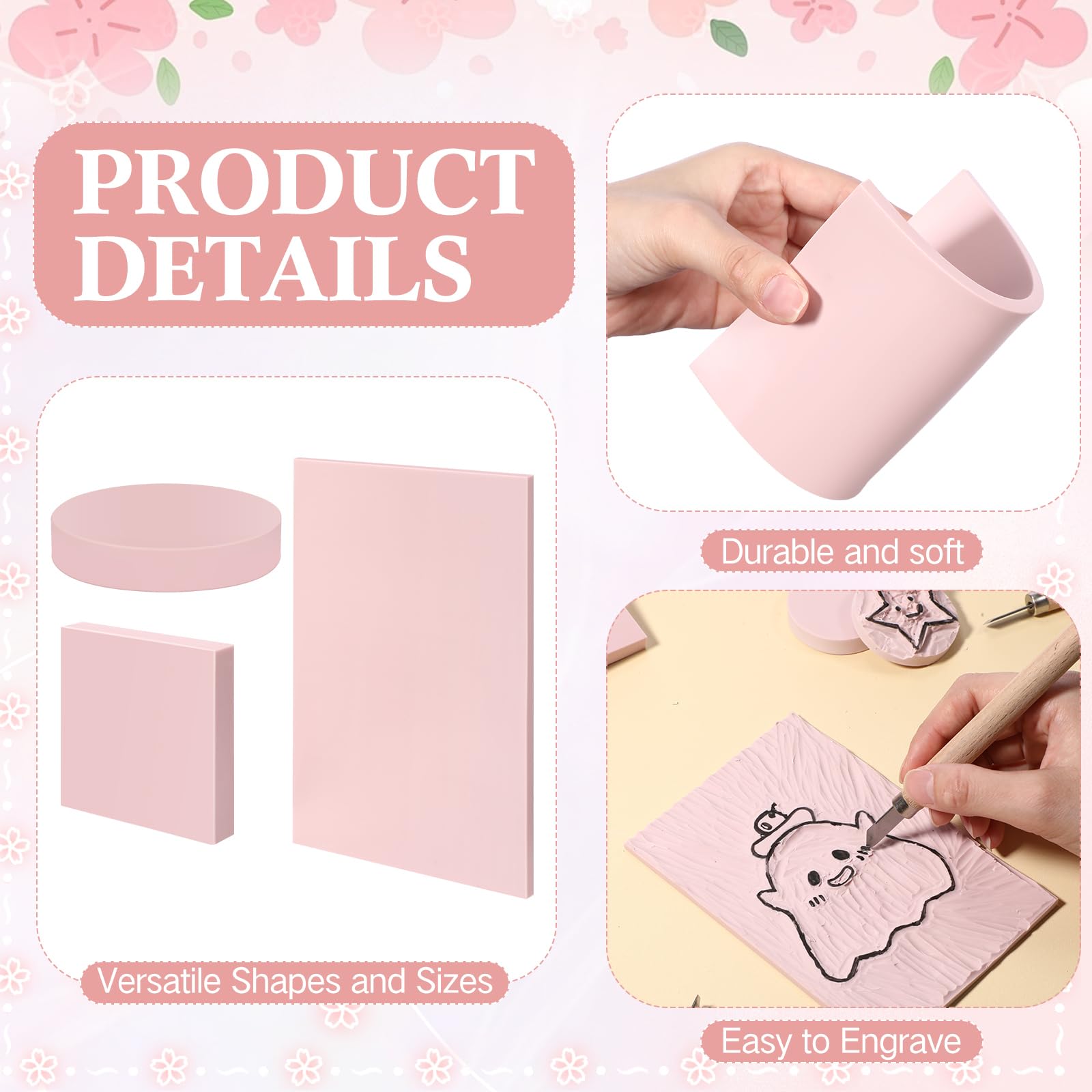 48 blocchi di linoleum in gomma rosa per la stampa 10,2 x 15,2 cm, 5,1 x 5,1 cm, 5,1 cm, 3 forme, kit per la creazione di timbri per artigianato e progetti artistici fai da te