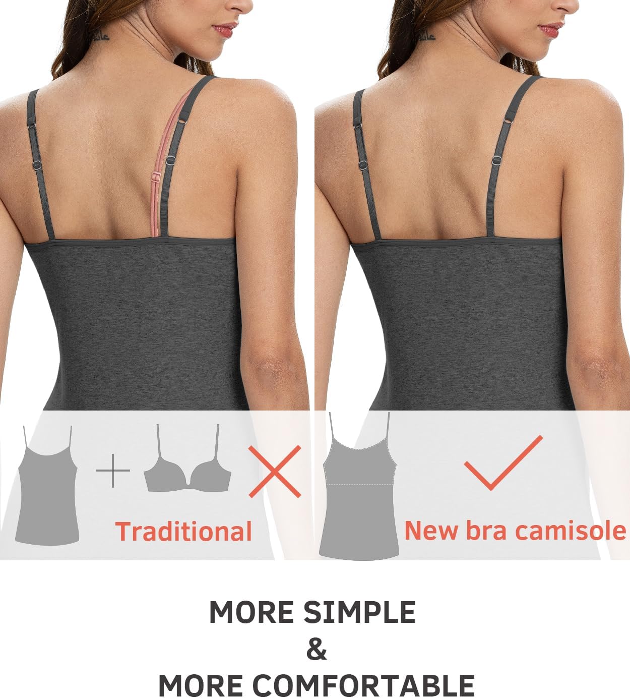 Air Curvey 3 Pack Camisole Tops for Women Built in Bra Adjustable Strap Soft Cotton Undershirt Tanks Seamless Layering Tops - Image 3