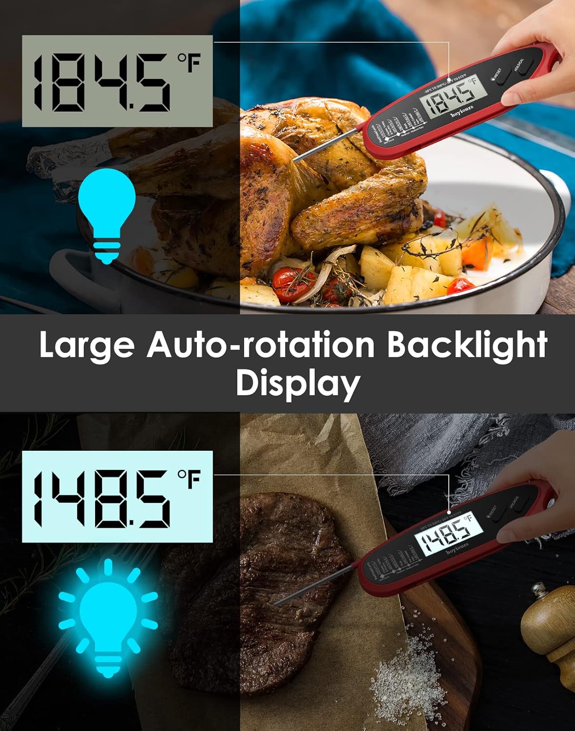 review hoyiours Digital Meat Thermometer, Waterproof Instant Read Food Thermometer for Cooking with Foldable Probe, Backlight and Magnet, Kitchen Thermometer for BBQ, Roast Turkey, Grill, Baking